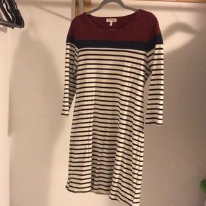 Stripped dress, faux suede upper, navy and white